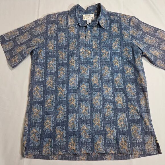 REYN SPOONER DIETRICH VAREZ BLUE PETROGLYPHS REVERSE HAWAIIAN SHIRT MENS LARGE - Picture 1 of 6